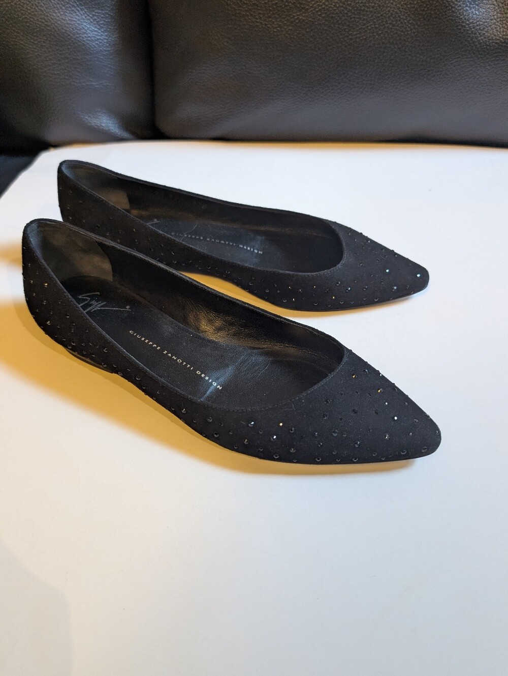 Giuseppe Zanotti Black Suede Rhinestone Pointed Toe Flats - Size 38.5 in EUC